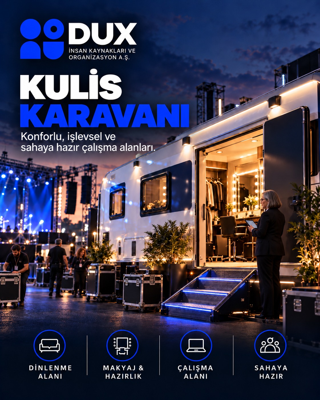 Konforlu kulis karavanı ve sahaya hazır çalışma alanı